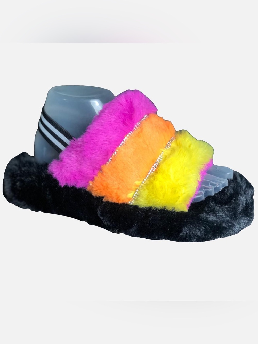 NEW SIZE 2 Cape Robbin Kids Rainbow Fuzzy Slide Slippers with Rhinestone Trim